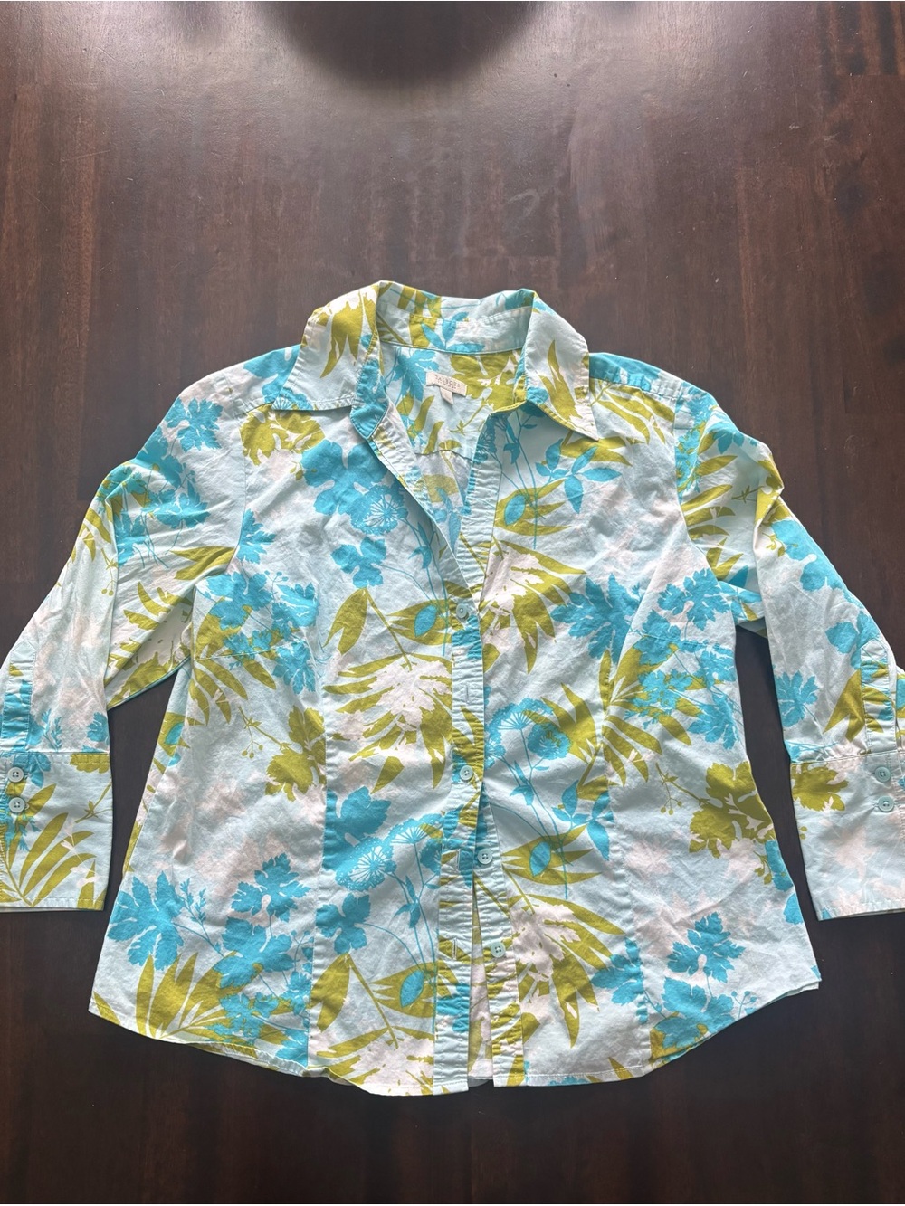 Talbots Petites Floral Button-Down Shirt Blue Green – Size Large